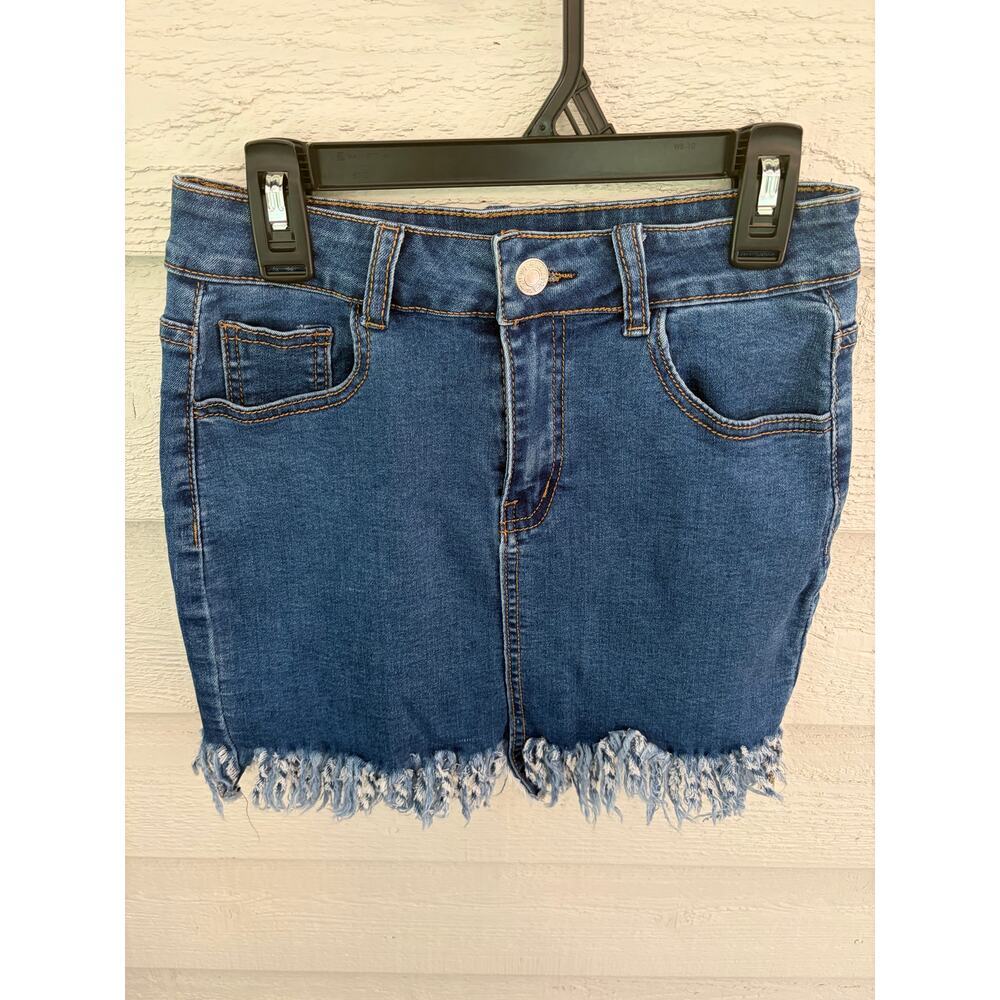 Blue Blush Denim MINI Skirt Frayed Hem Medium Wash Size XS/S - Picture 4 of 6